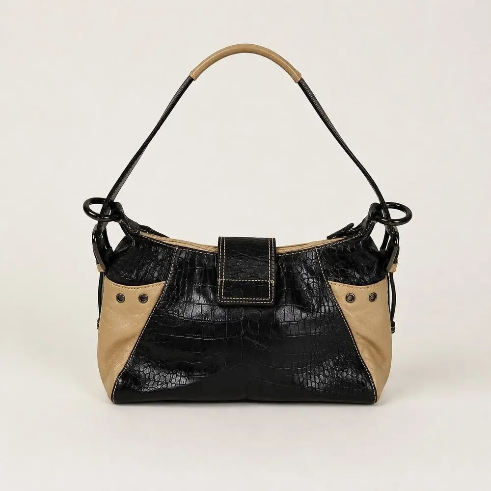 Vintage Y2K Sharif Studio Studded Shoulder Bag Beige Black PVC Leather Trim